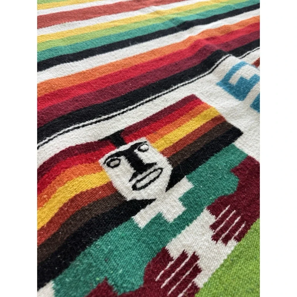 Hand Woven Mexican Folk Art Large Blanket Throw Textile Tapestry 74x47 in